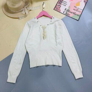 White Ribbed Knit Top Lace Up Neck Detail